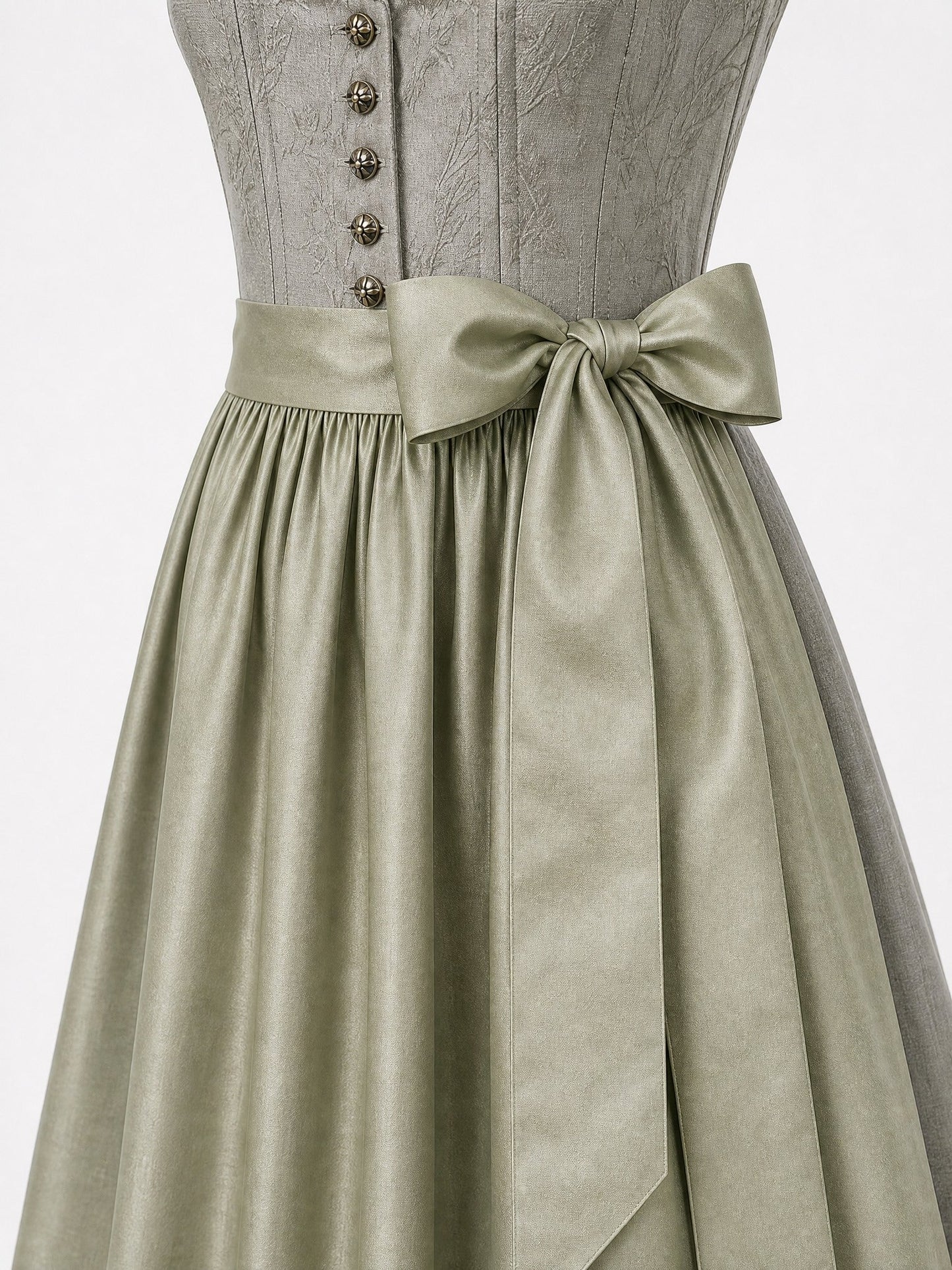 Dirndl Mila in Flechtengrau mit Salbeigrün Schürze - Detailansicht Taille und Schleife