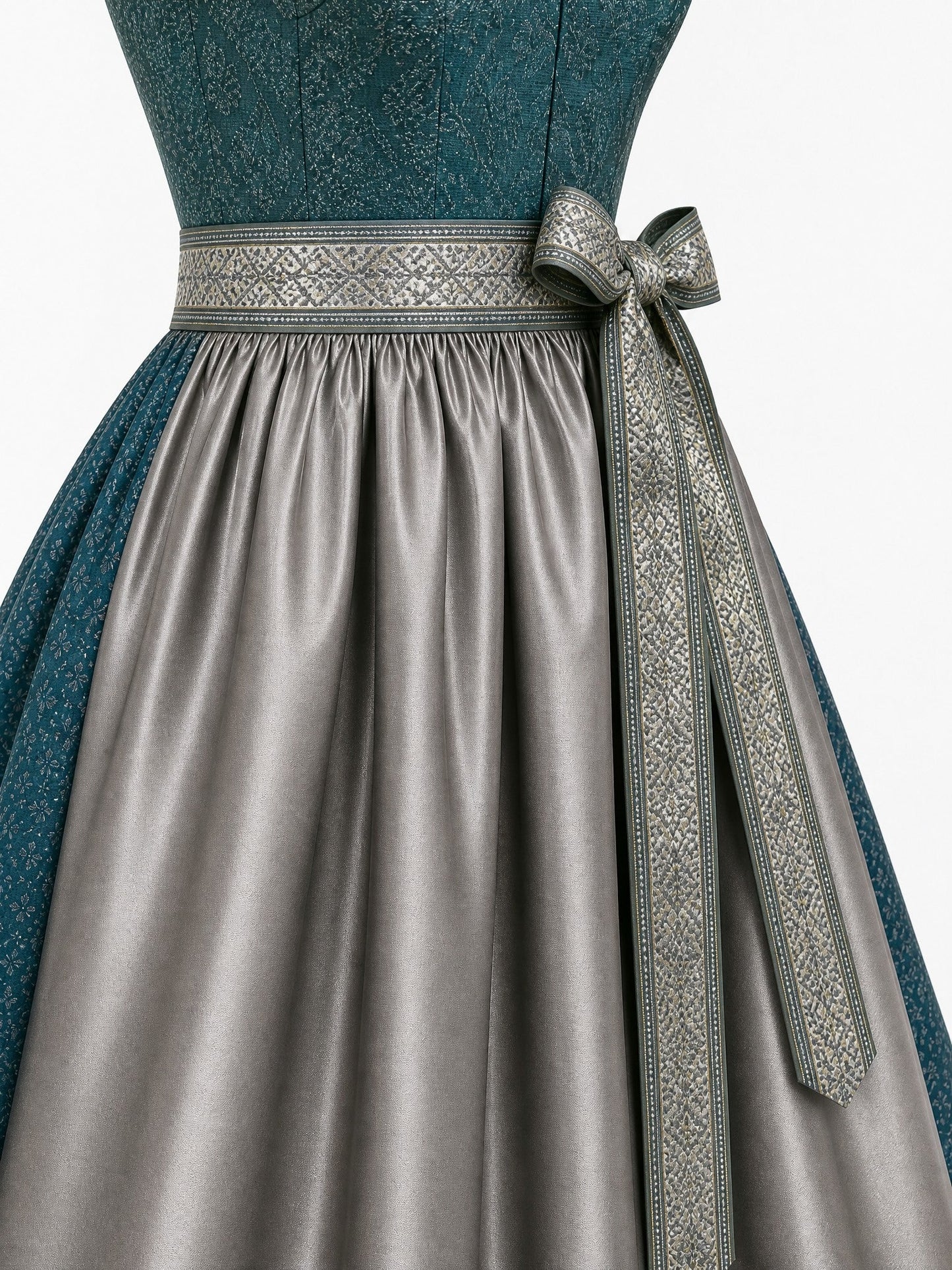 Dirndl Lena in Rauchpetrol mit Pewtergrau Schürze - Detailansicht Taille und Schleife