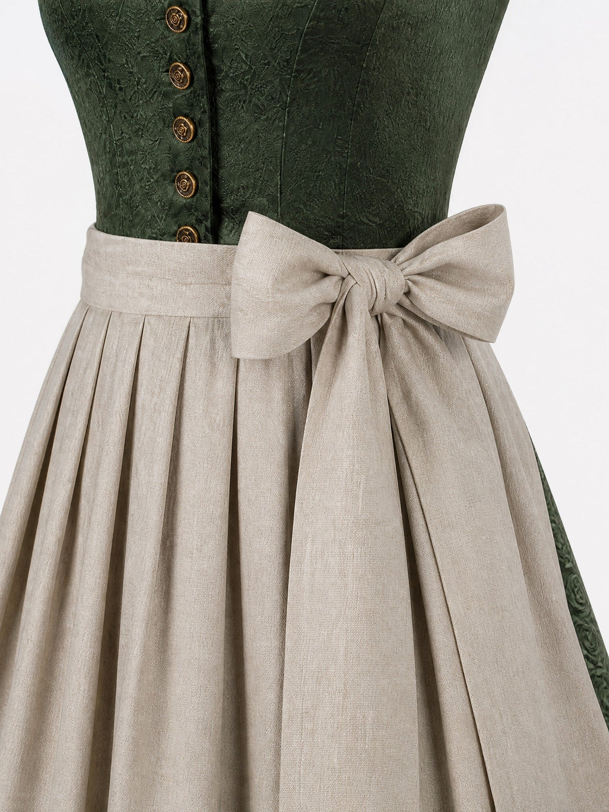Dirndl Antonia in Eukalyptusgrün mit Warmer Sand Schürze - Detailansicht Taille und Schleife