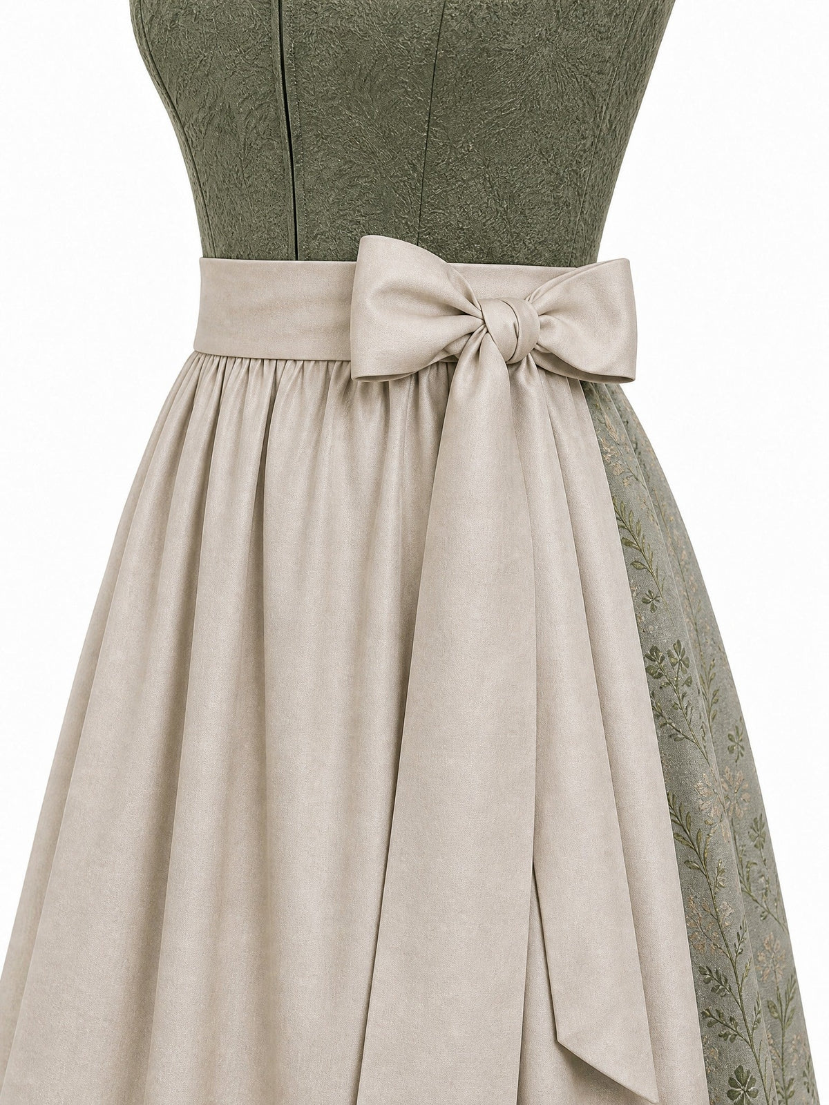 Dirndl Victoria in Moosgrün mit Warmer Sand Schürze - Detailansicht Taille und Schleife