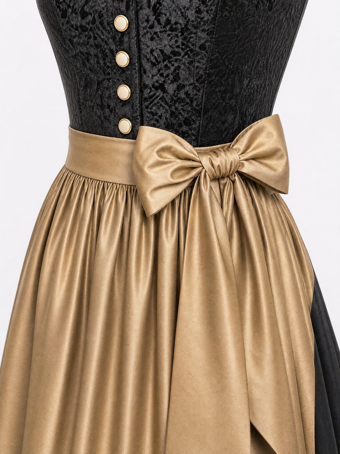 Dirndl Enna in Anthrazit mit Antikgold Schürze - Detailansicht Taille und Schleife