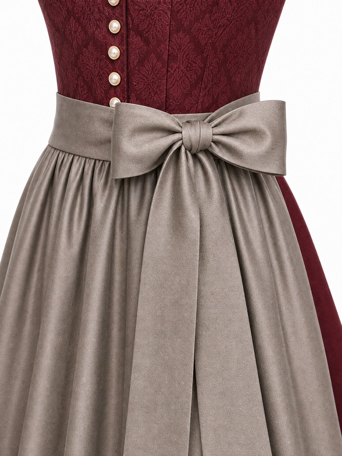 Dirndl Felicia in Weinrot mit Taupe Schürze - Detailansicht Taille und Schleife