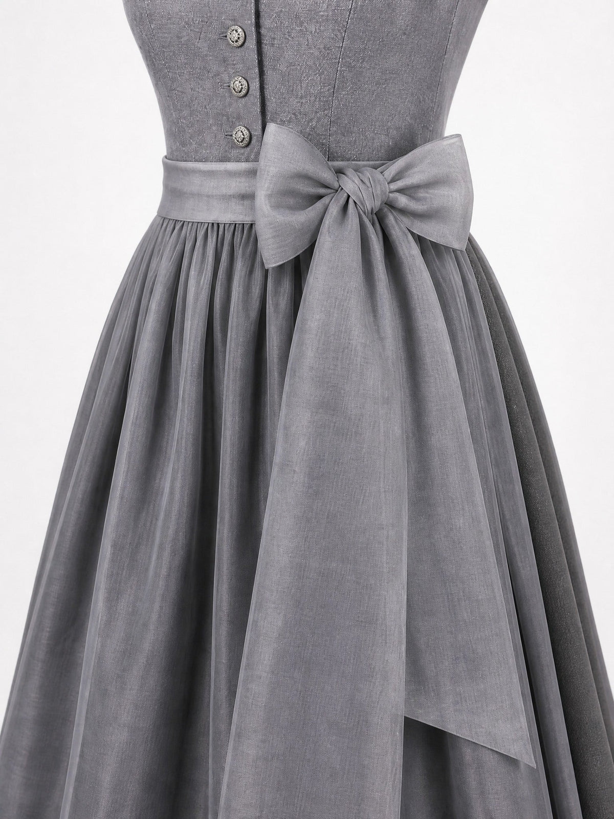 Dirndl Katharina in Schiefergrau mit Sturmgrau Schürze - Detailansicht Taille und Schleife