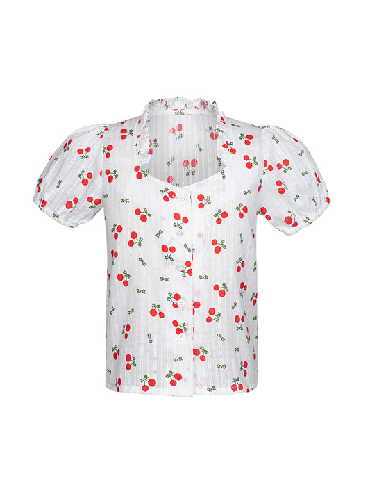 Mädchenbluse Sofia Cherry | Weiß | Herz-Ausschnitt