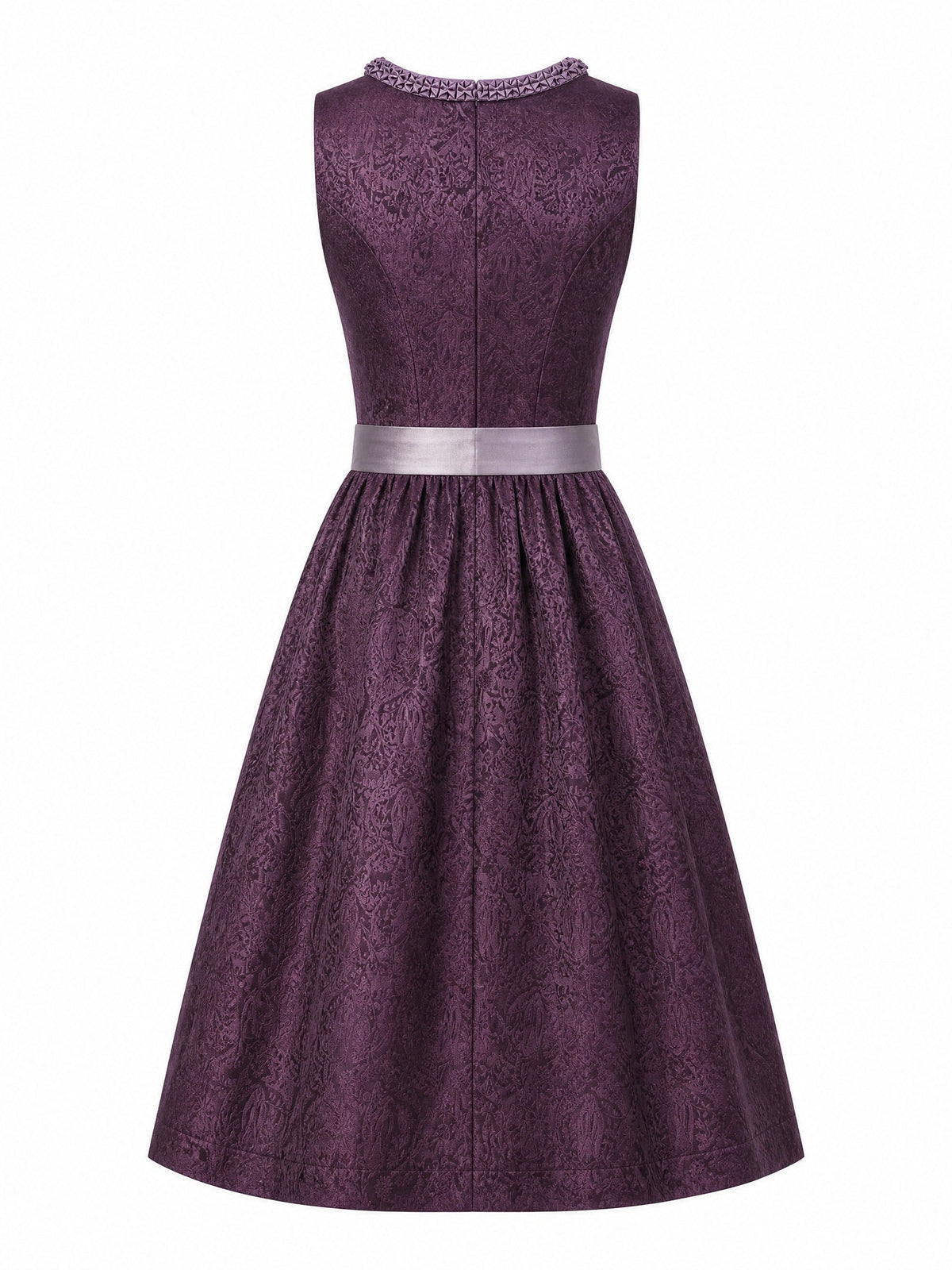 Dirndl Bella in Aubergine mit Perlgrau Schürze - Rückansicht