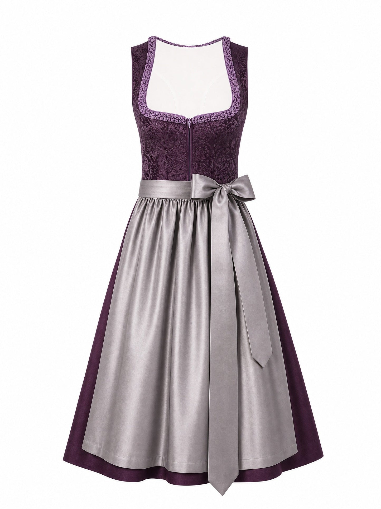 Dirndl Bella in Aubergine mit Perlgrau Schürze - Vorderansicht