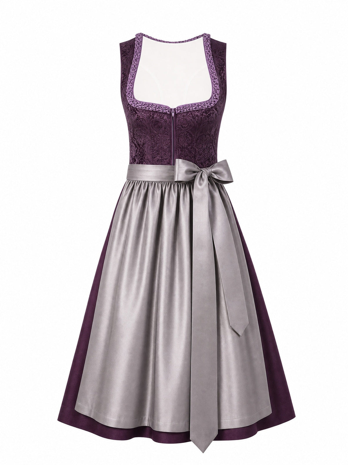 Dirndl Bella in Aubergine mit Perlgrau Schürze - Vorderansicht
