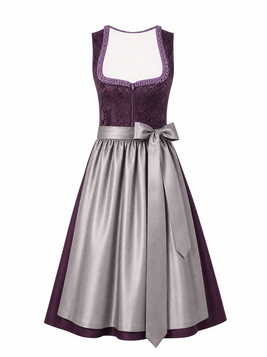 Dirndl Bella in Aubergine mit Perlgrau Schürze - Vorderansicht