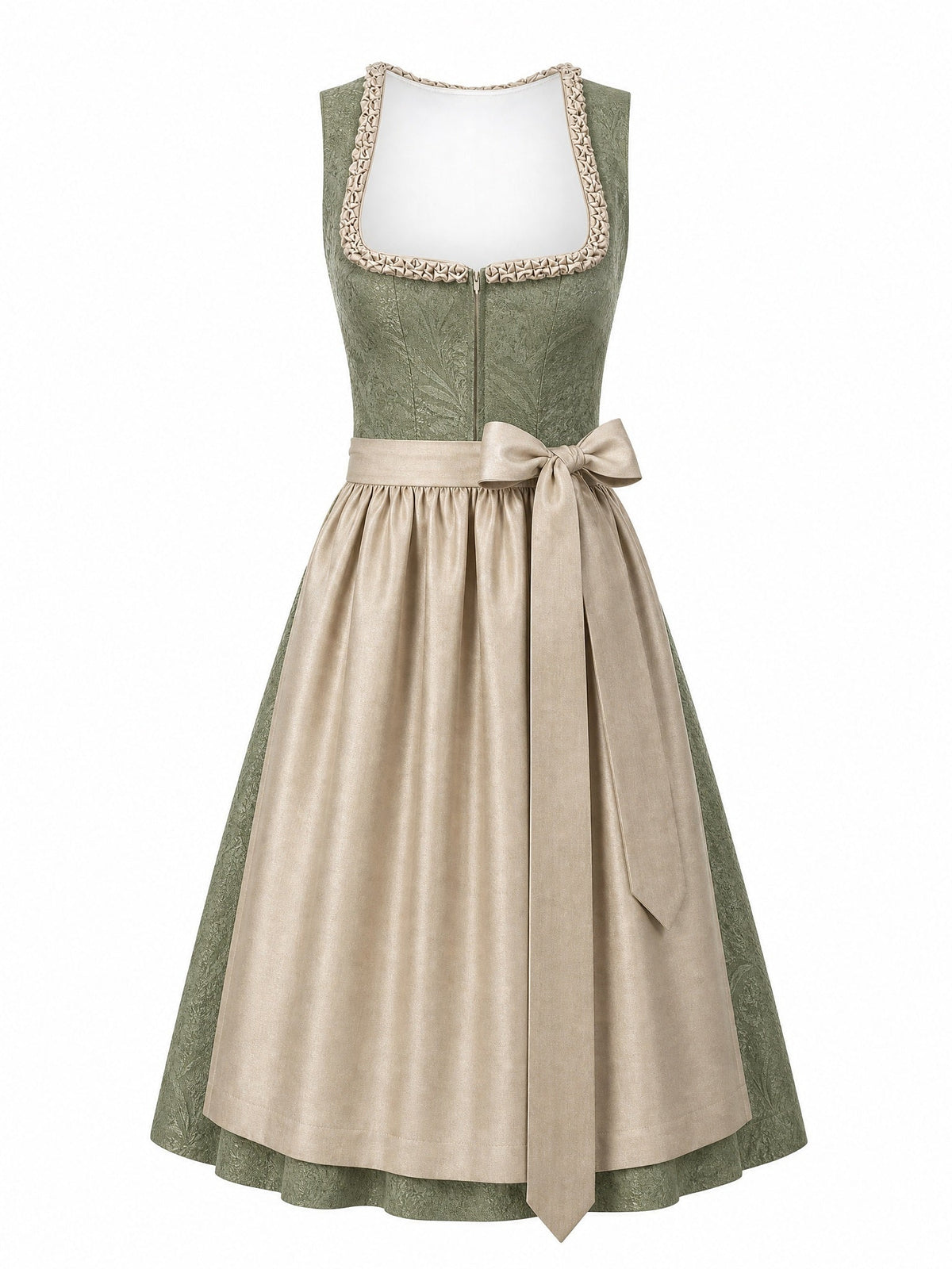 Dirndl Carla in Moosgrün mit Warmer Sand Schürze - Vorderansicht