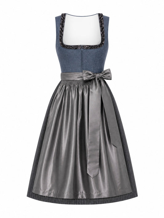 Dirndl Daria in Stahlblau mit Sturmgrau Schürze - Vorderansicht