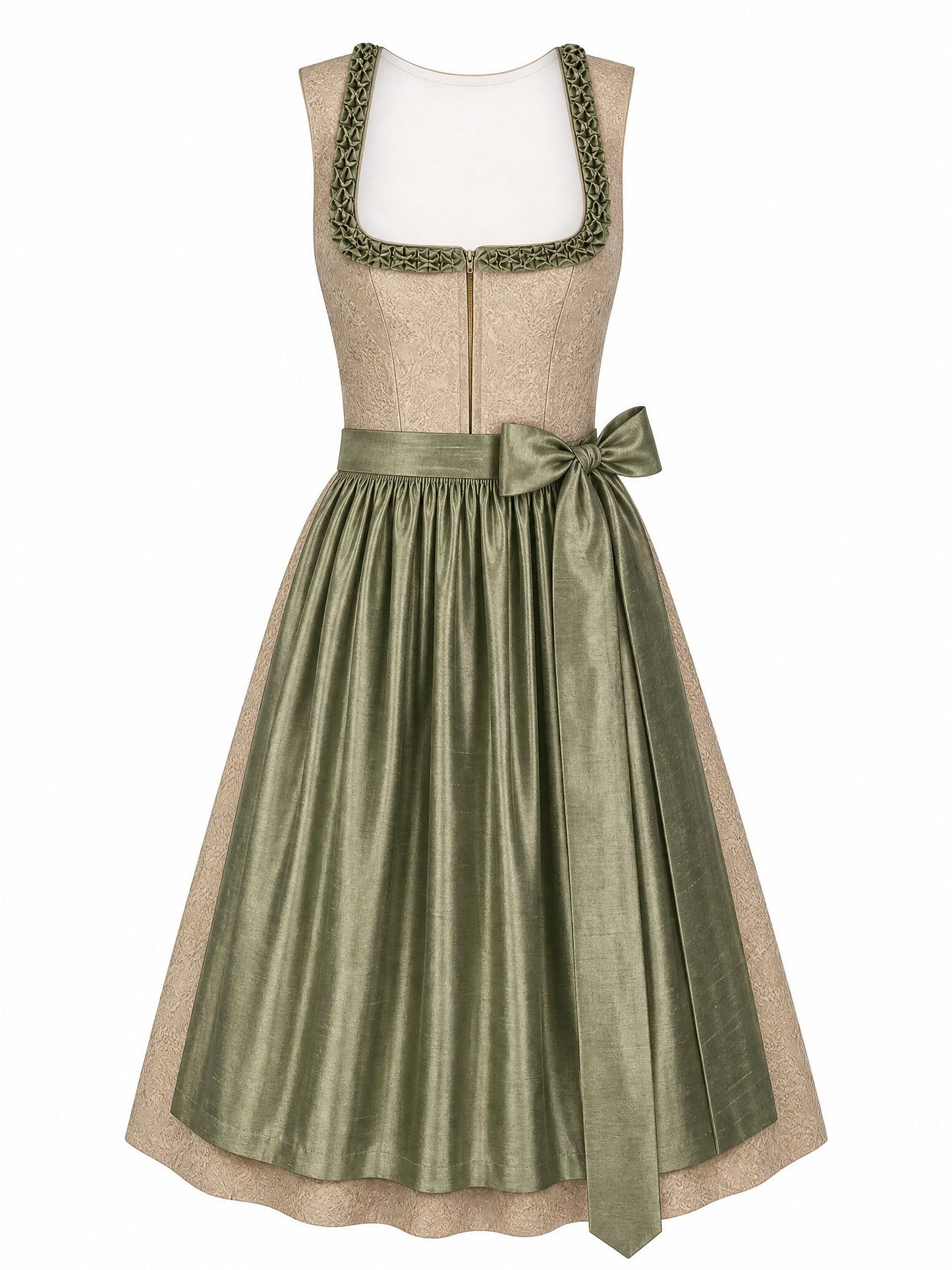 Dirndl Enna in Tonbeige mit Eukalyptusgrün Schürze - Vorderansicht