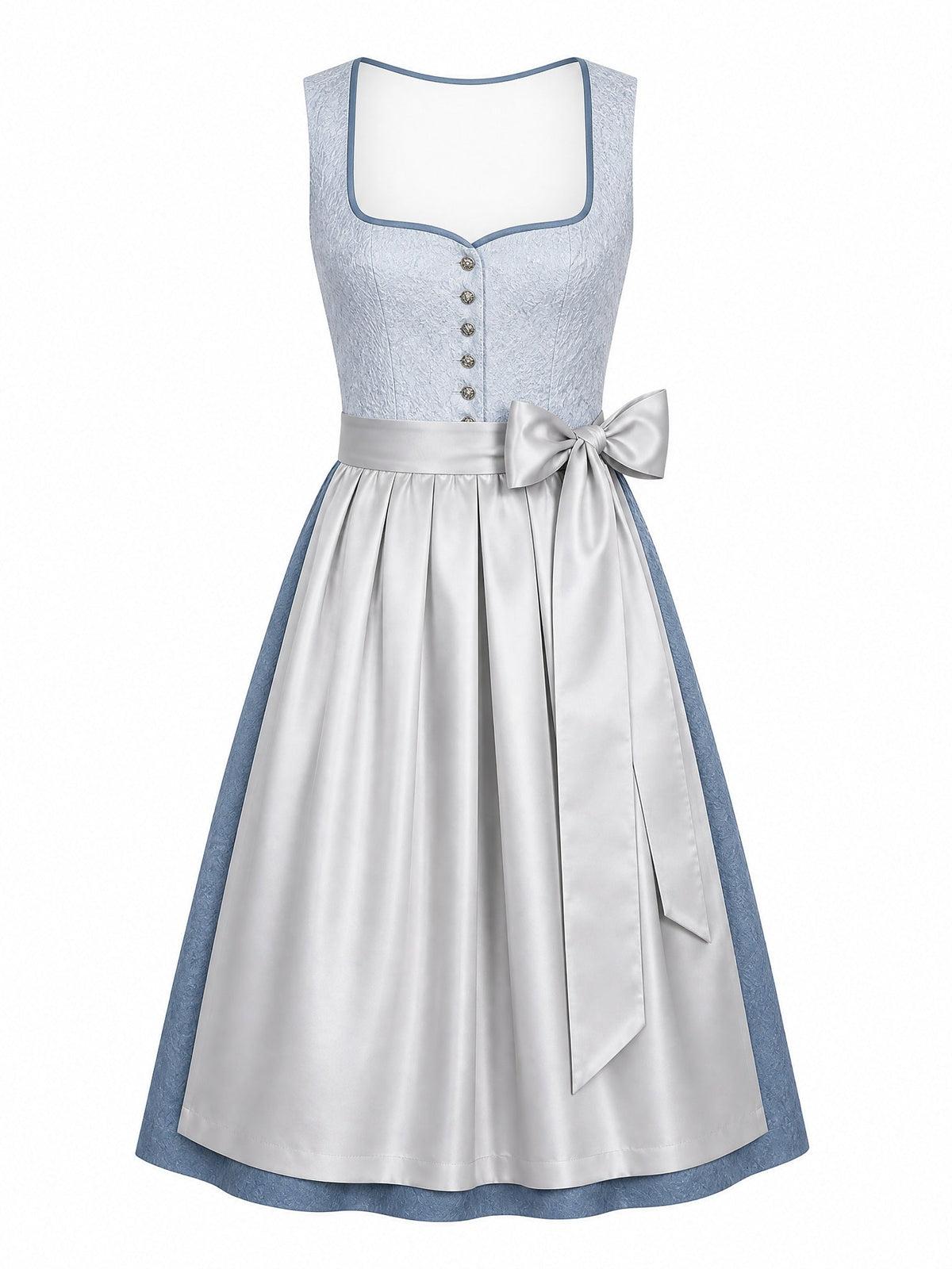 Dirndl Ilvy in Puderblau mit Silber Schürze - Vorderansicht