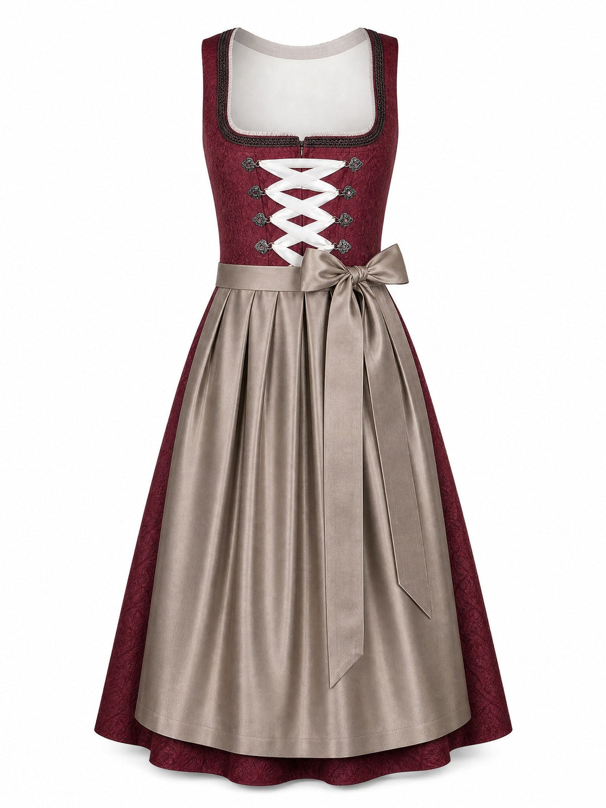 Dirndl Juliana in Weinrot mit Taupe Schürze - Vorderansicht