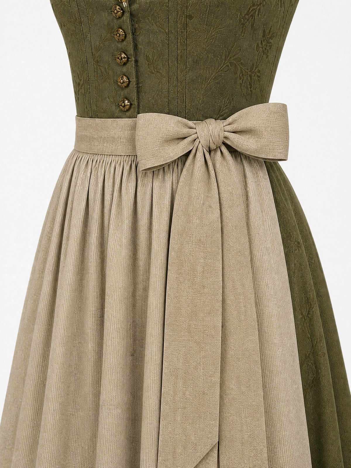 Dirndl Mia in Dunkeloliv mit Flachs Schürze - Detailansicht Taille und Schleife