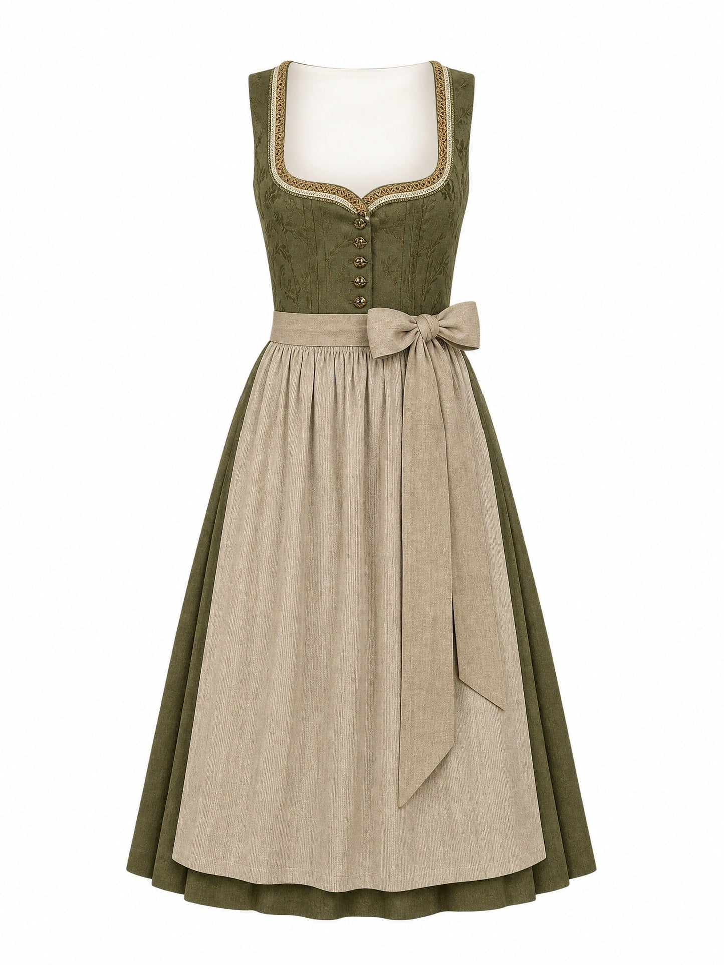 Dirndl Mia in Dunkeloliv mit Flachs Schürze - Vorderansicht