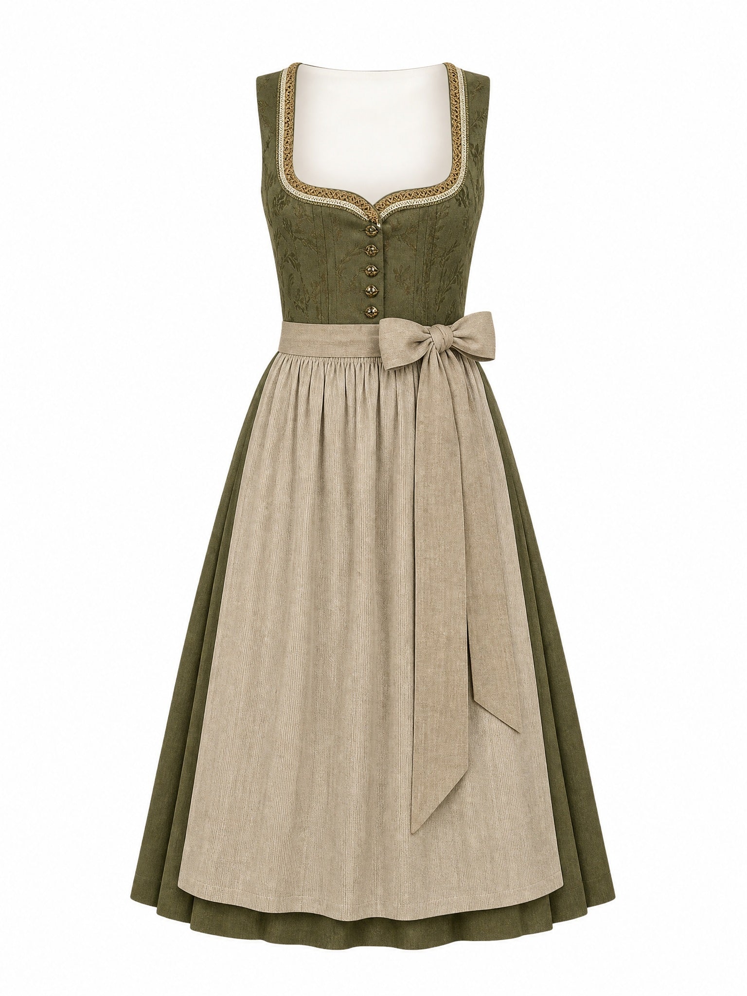 Dirndl Mia in Dunkeloliv mit Flachs Schürze - Vorderansicht
