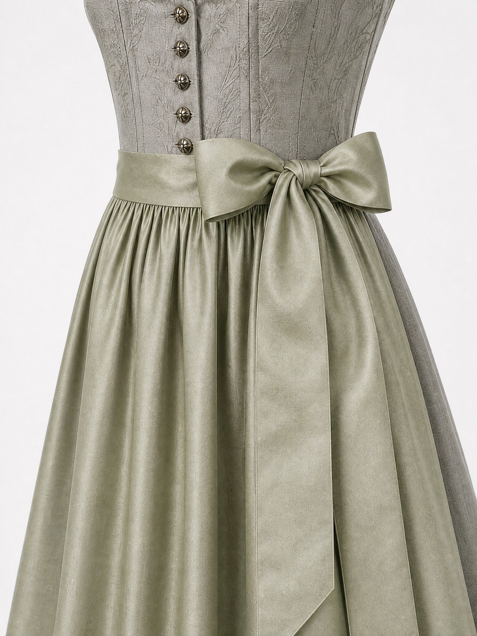 Dirndl Mila in Flechtengrau mit Salbeigrün Schürze - Detailansicht Taille und Schleife