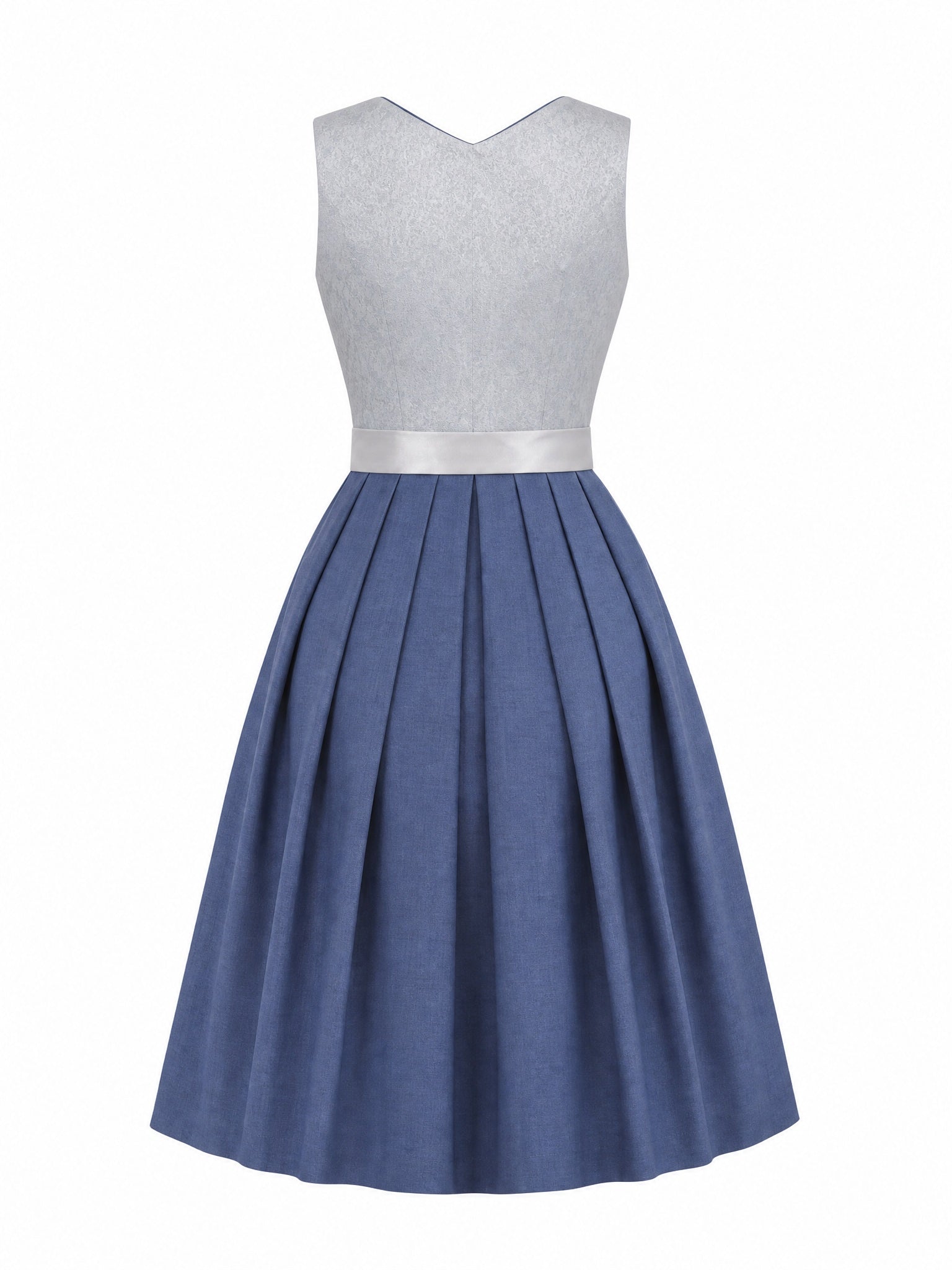 Dirndl Teresa in Silberblau mit Perlgrau Schürze - Rückansicht