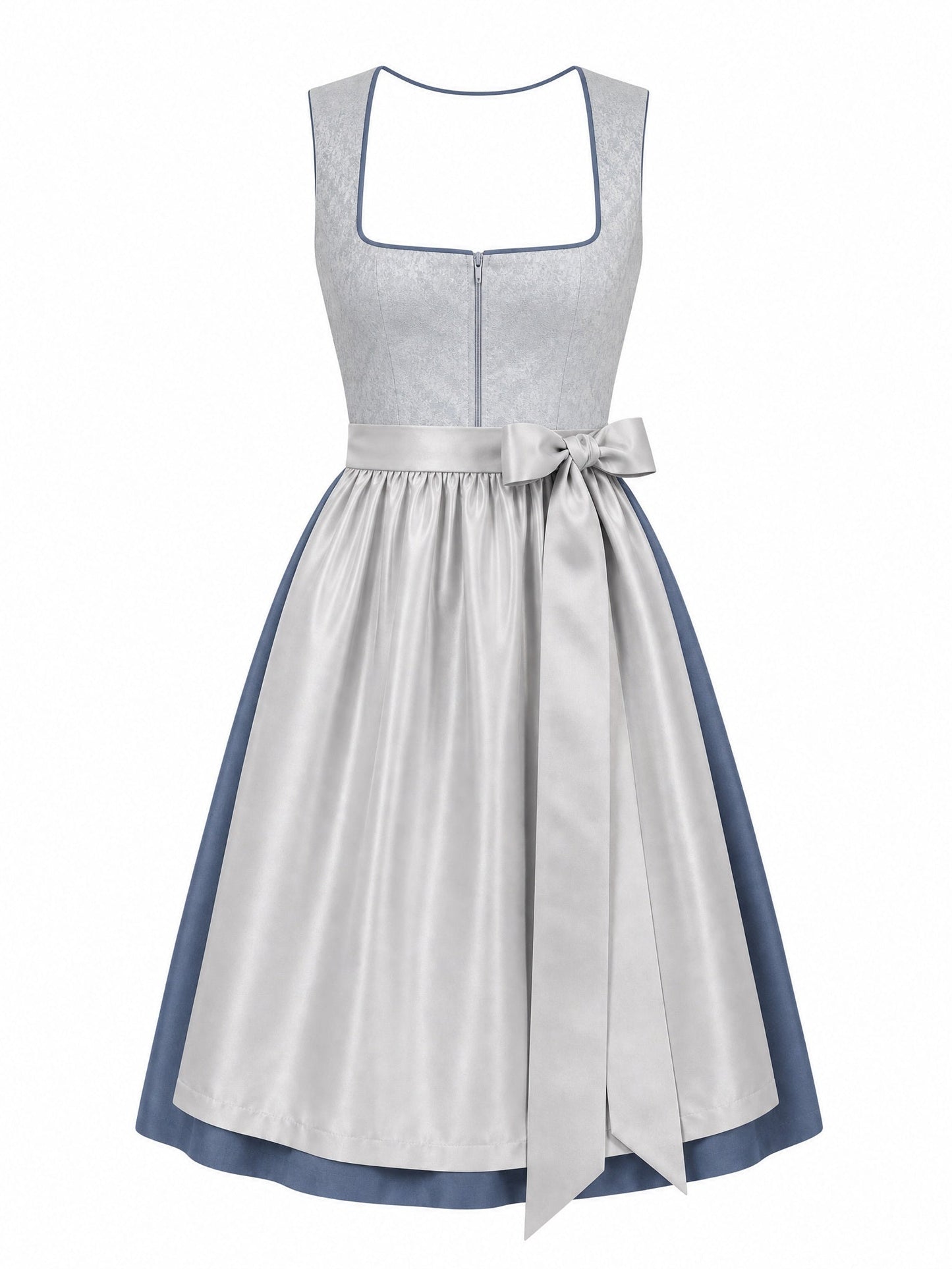 Dirndl Teresa in Silberblau mit Perlgrau Schürze - Vorderansicht