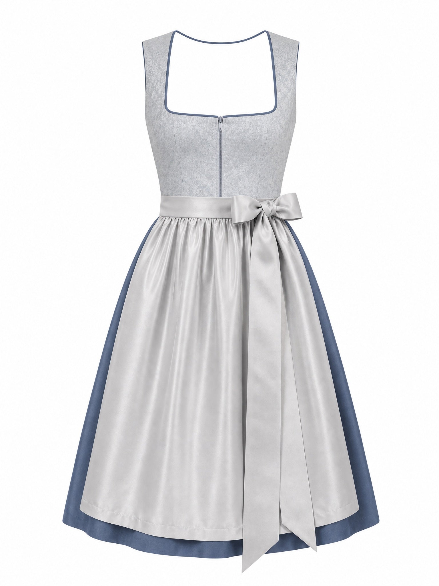 Dirndl Teresa in Silberblau mit Perlgrau Schürze - Vorderansicht