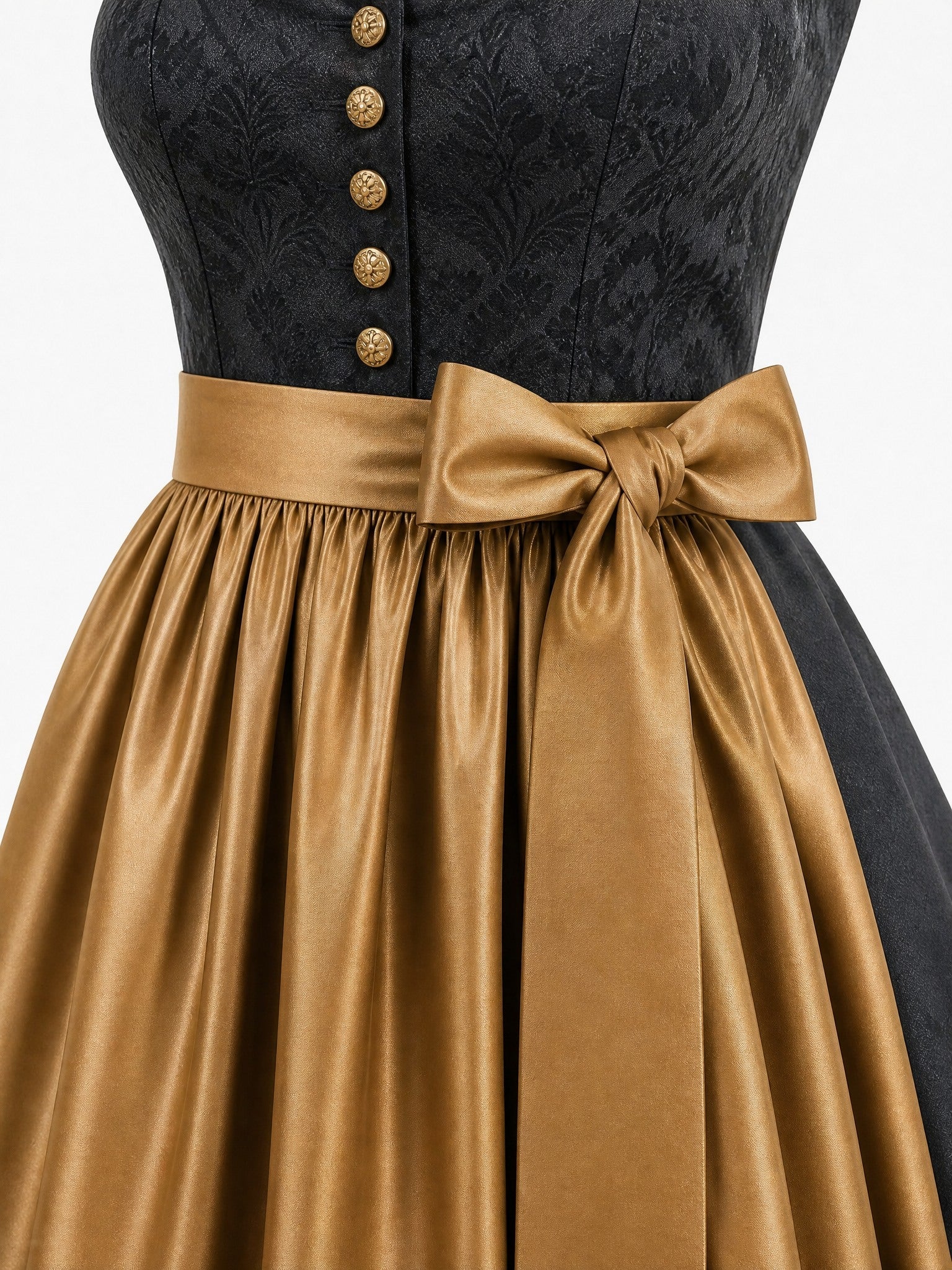 Dirndl Zoe in Anthrazit mit Antikgold Schürze - Detailansicht Taille und Schleife
