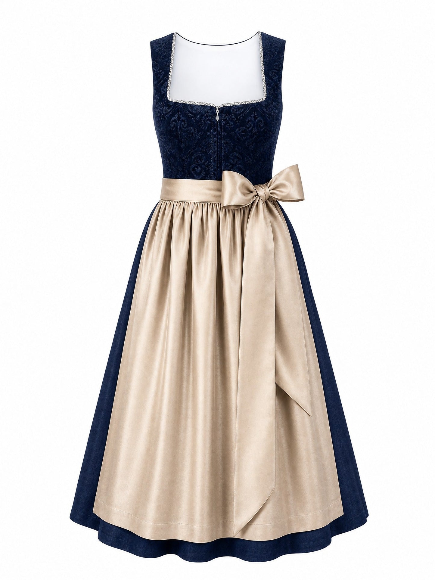 Dirndl Alina in Mitternachtsblau mit Champagner Schürze - Vorderansicht