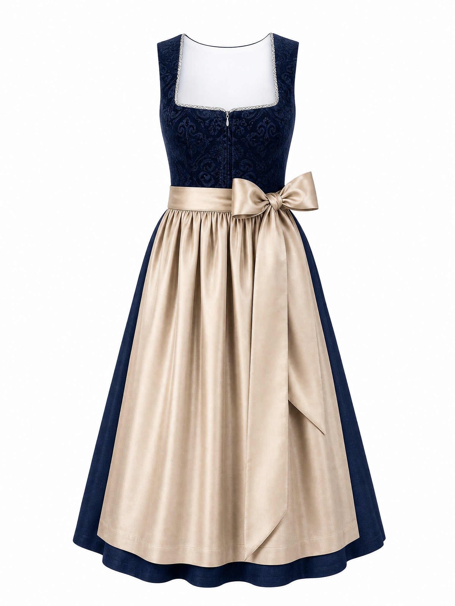 Dirndl Alina in Mitternachtsblau mit Champagner Schürze - Vorderansicht