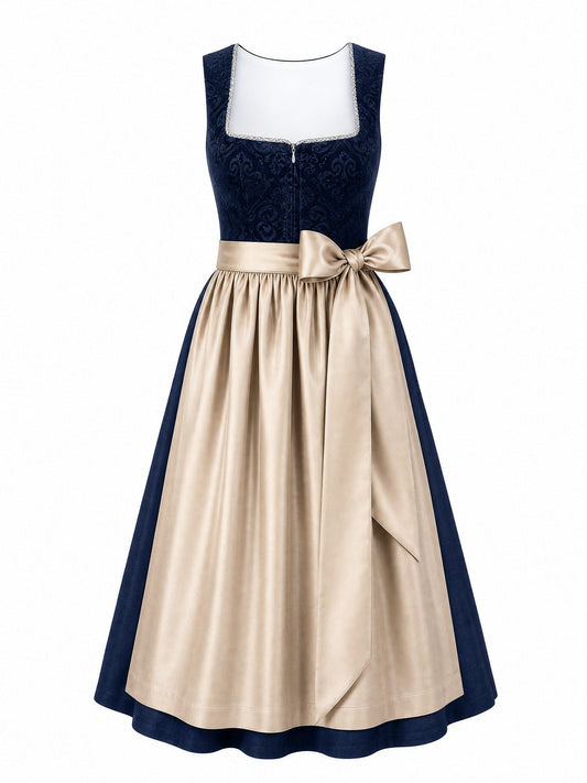 Dirndl Alina in Mitternachtsblau mit Champagner Schürze - Vorderansicht