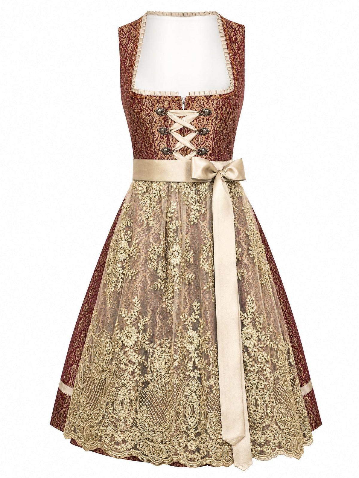 Dirndl Charlotte in Cranberryrot mit Antikgold Schürze - Vorderansicht