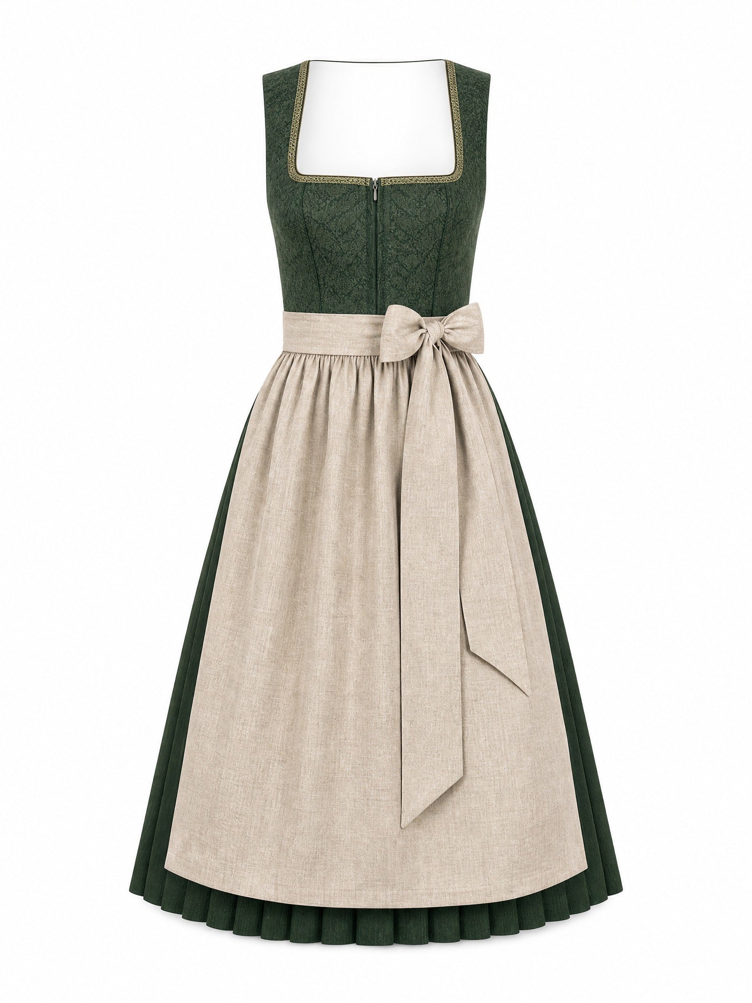 Dirndl Johanna in Waldgrün mit Haferbeige Schürze - Vorderansicht