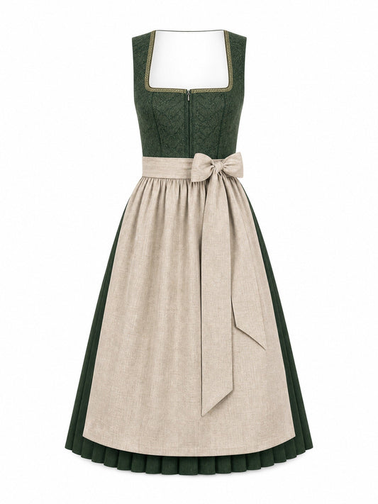 Dirndl Johanna in Waldgrün mit Haferbeige Schürze - Vorderansicht