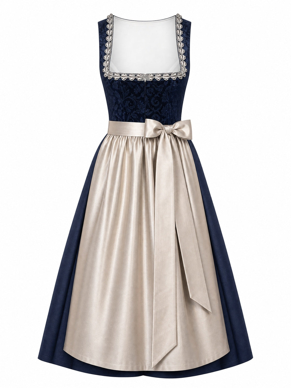 Dirndl Cecilia in Mitternachtsblau mit Champagner Schürze - Vorderansicht