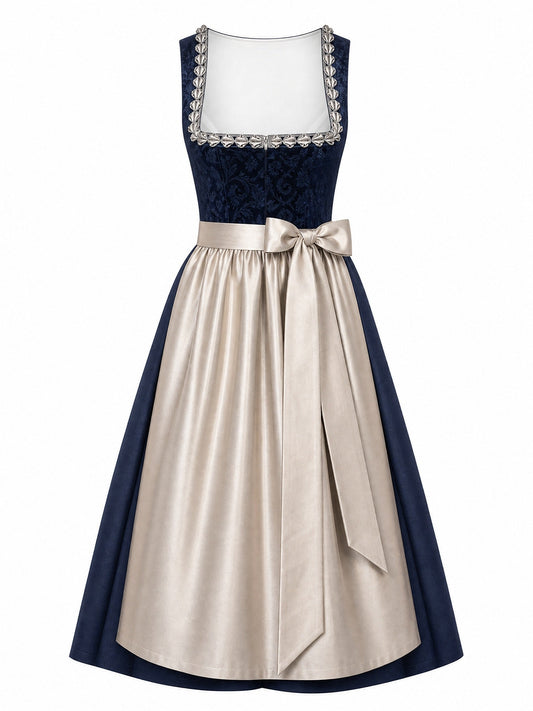 Dirndl Cecilia in Mitternachtsblau mit Champagner Schürze - Vorderansicht