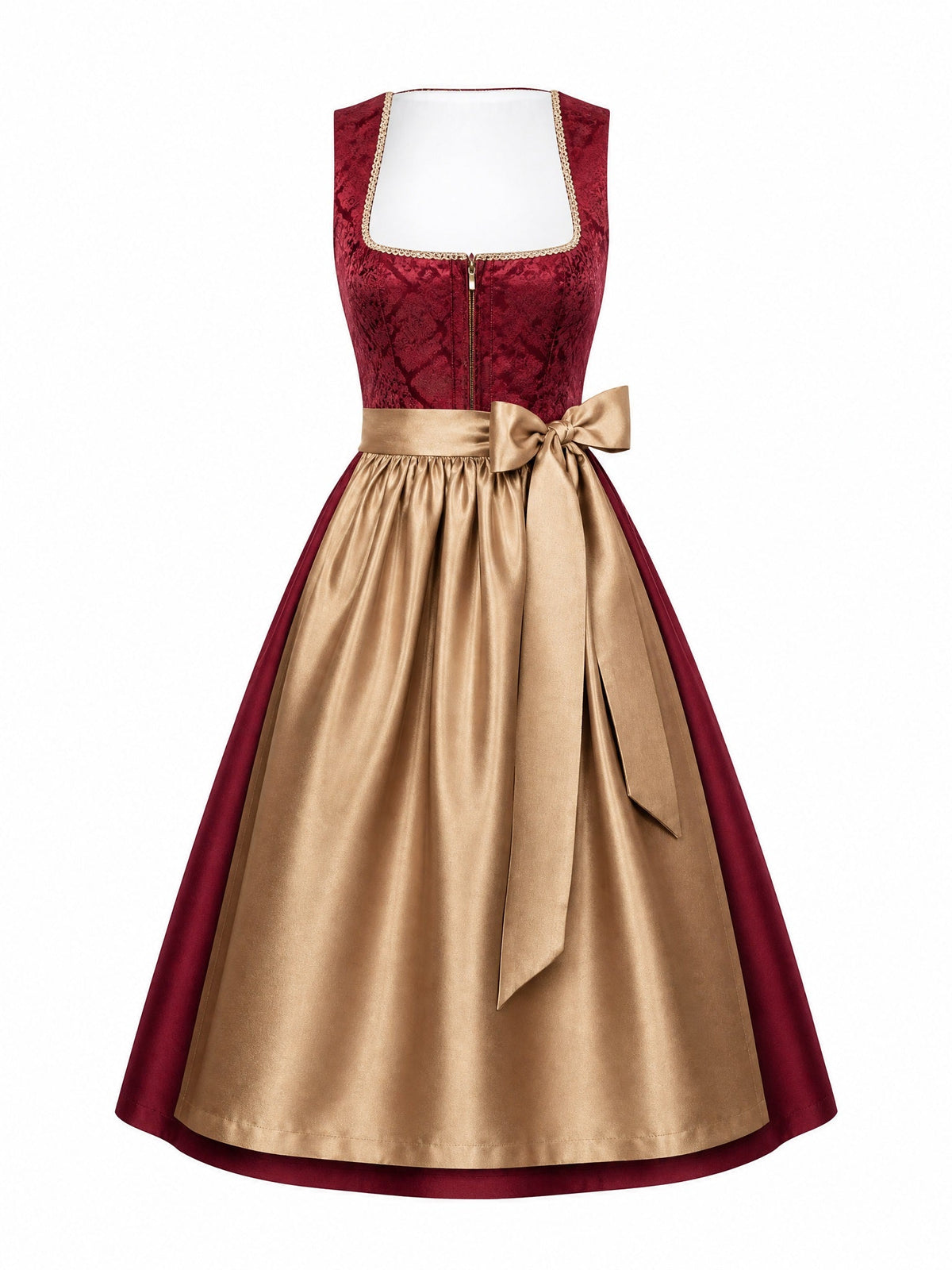 Dirndl Felicia in Cranberryrot mit Antikgold Schürze - Vorderansicht