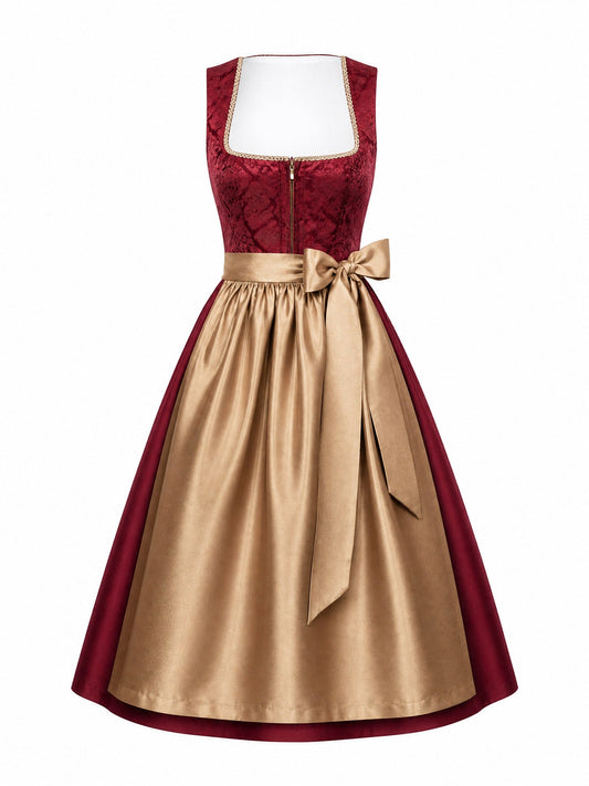 Dirndl Felicia in Cranberryrot mit Antikgold Schürze - Vorderansicht