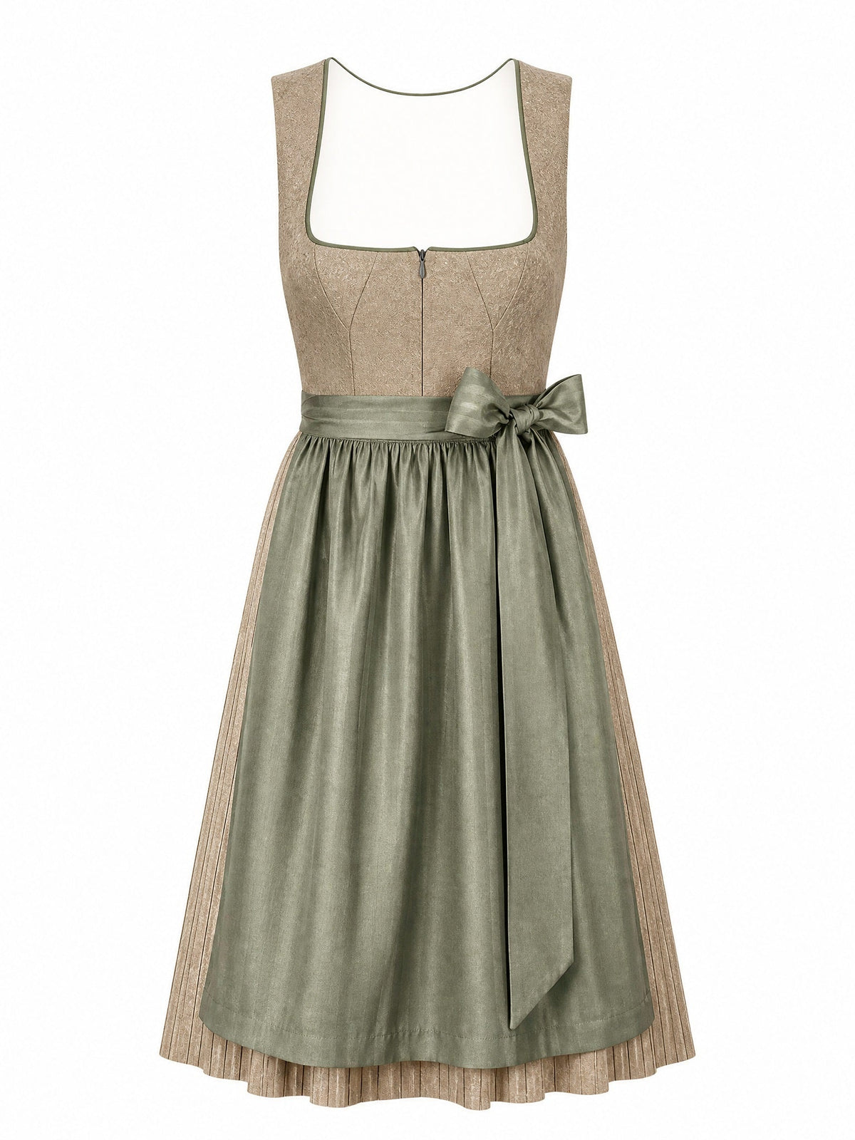 Dirndl Hanna in Tonbeige mit Eukalyptusgrün Schürze - Vorderansicht