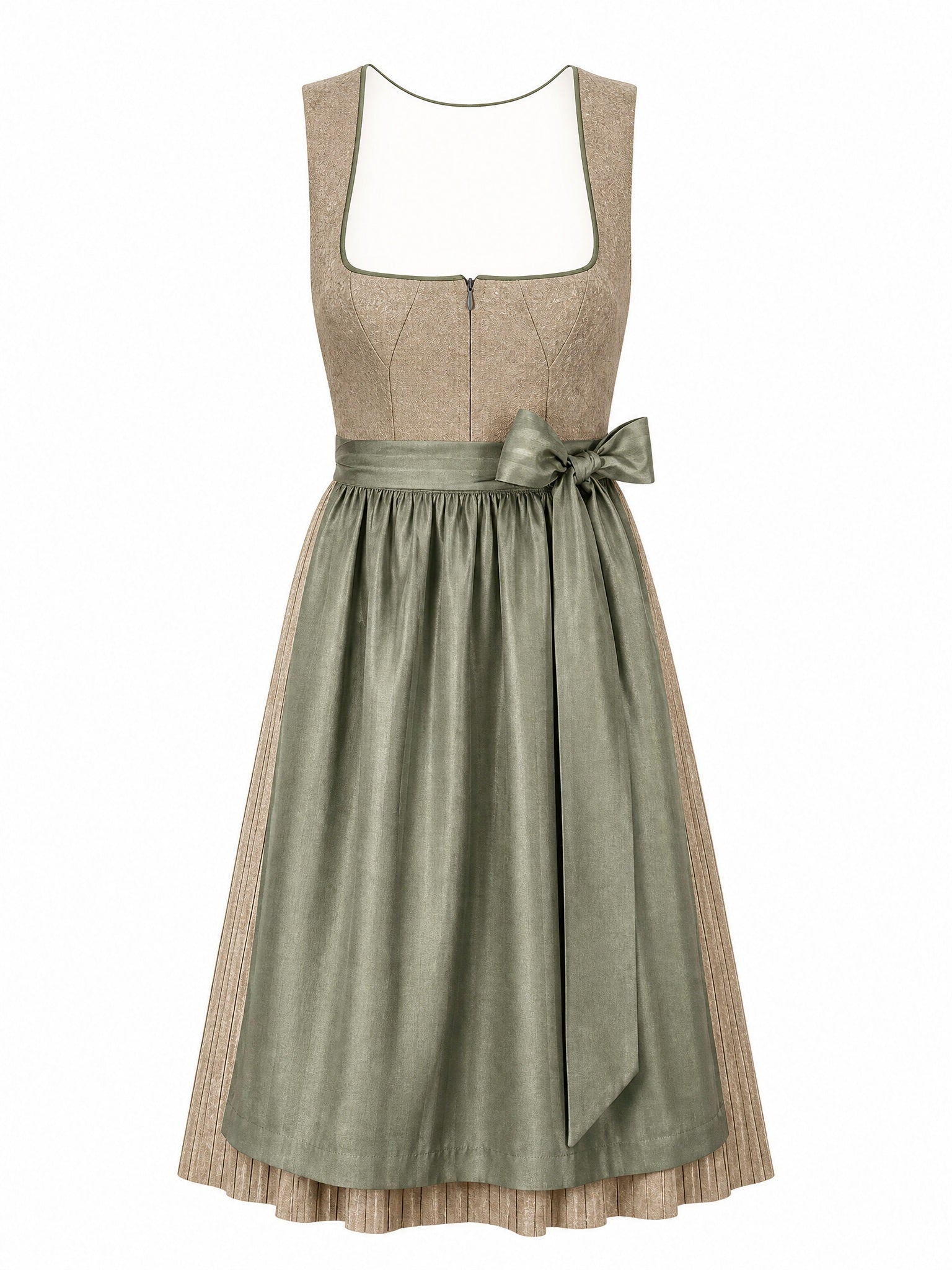 Dirndl Hanna in Tonbeige mit Eukalyptusgrün Schürze - Vorderansicht