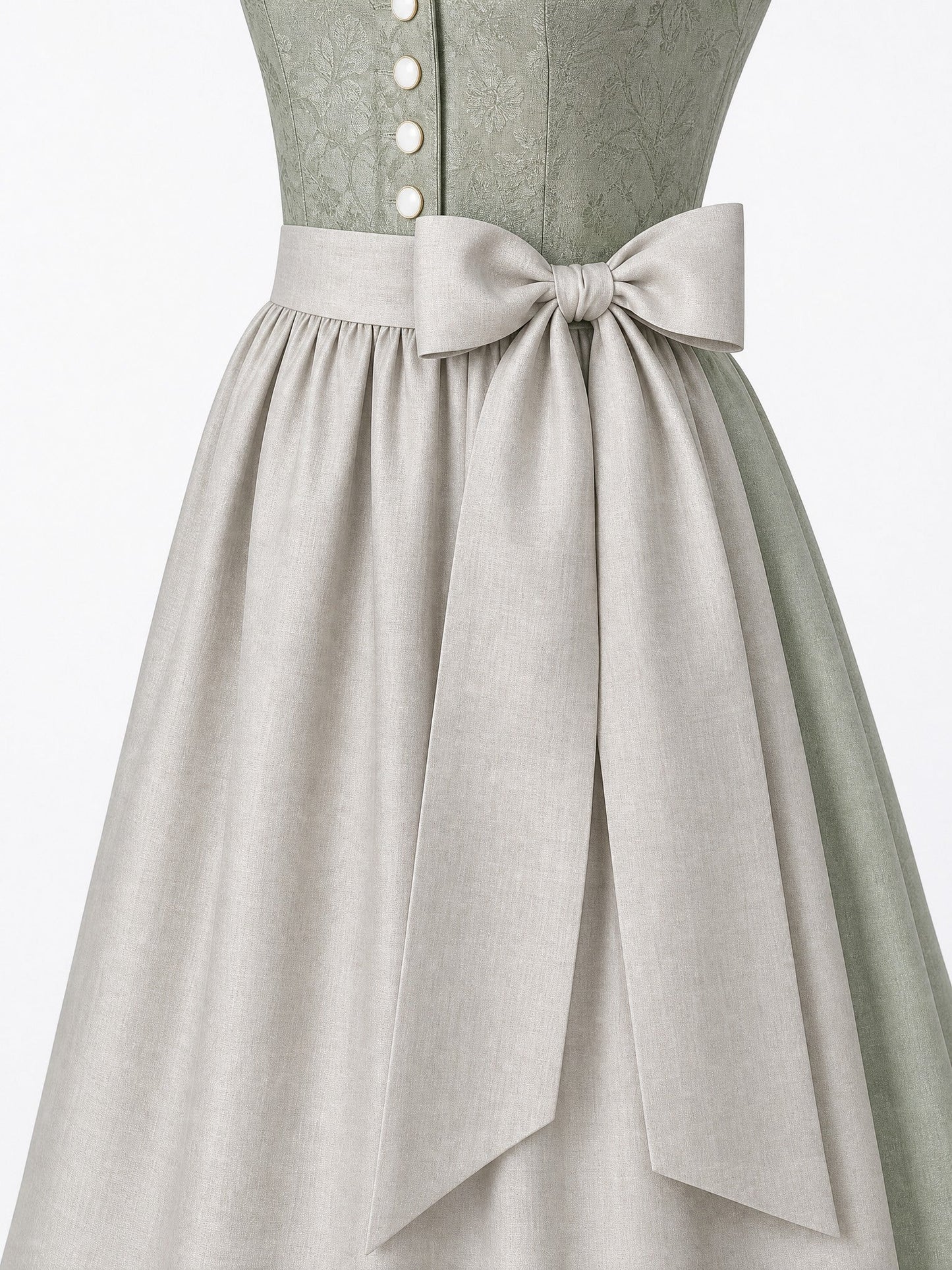 Dirndl Isabel in Salbeigrün mit Perlgrau Schürze - Detailansicht Taille und Schleife