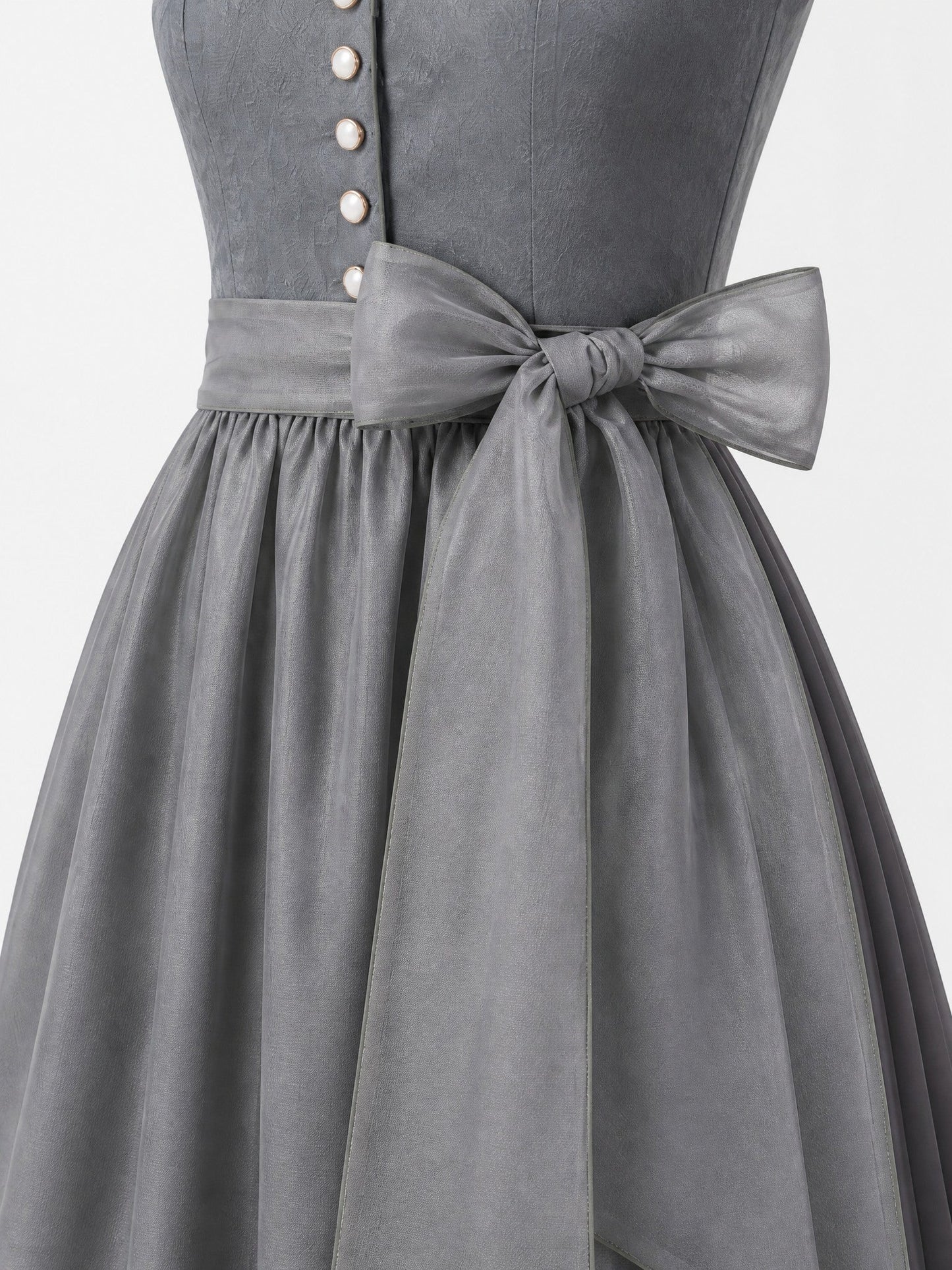 Dirndl Karla in Schiefergrau mit Sturmgrau Schürze - Detailansicht Taille und Schleife