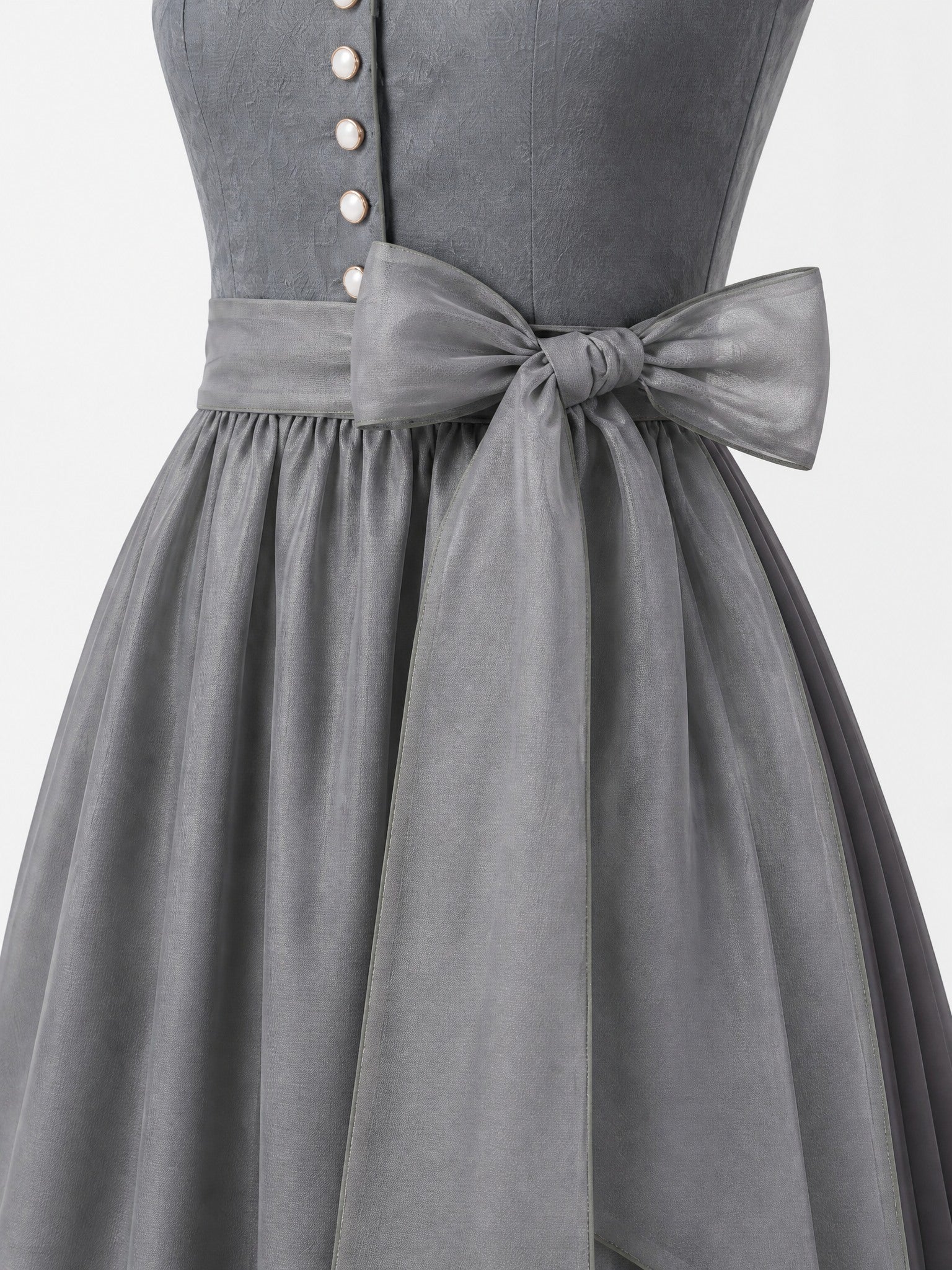 Dirndl Karla in Schiefergrau mit Sturmgrau Schürze - Detailansicht Taille und Schleife