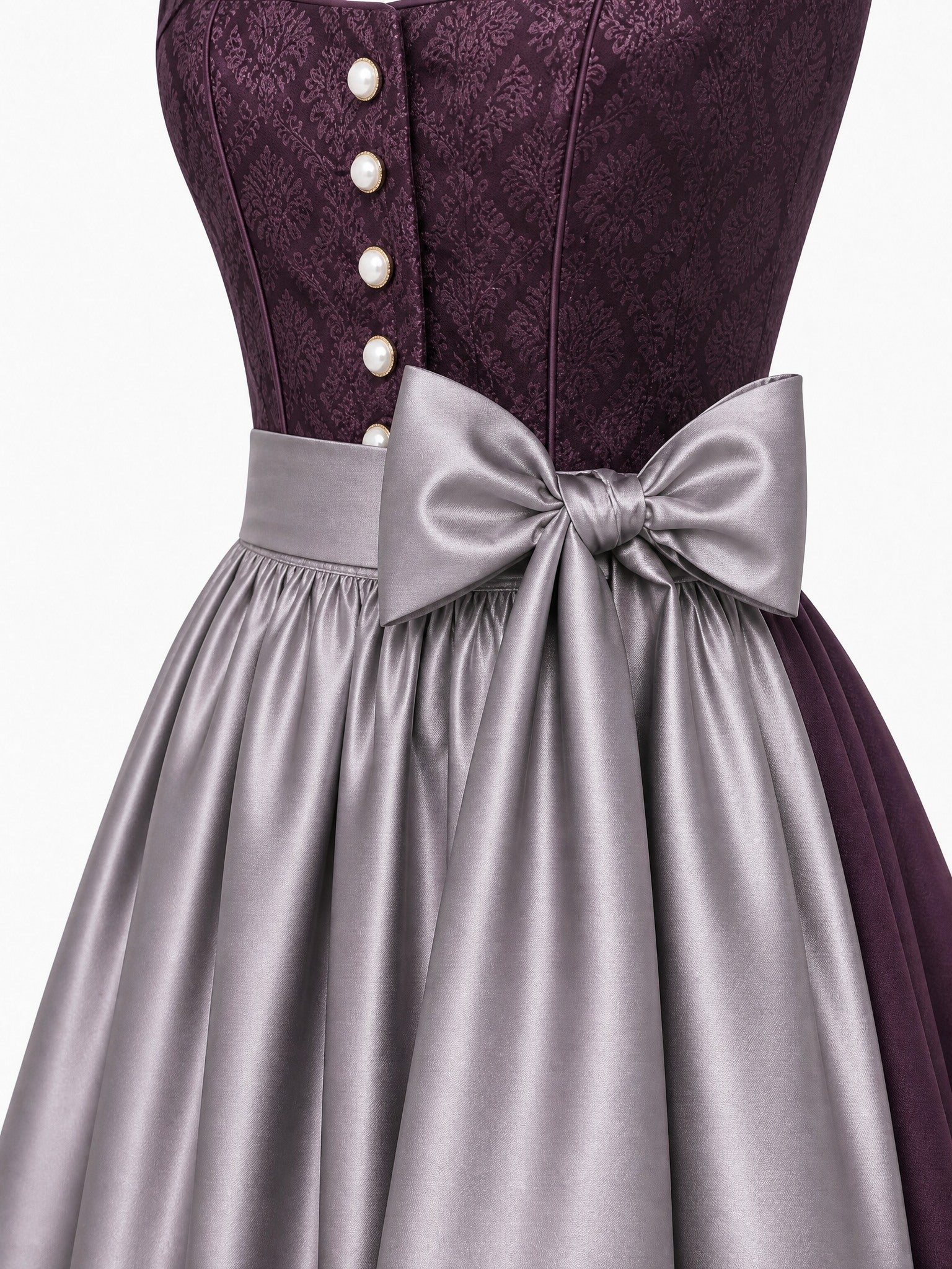 Dirndl Leni in Aubergine mit Perlgrau Schürze - Detailansicht Taille und Schleife