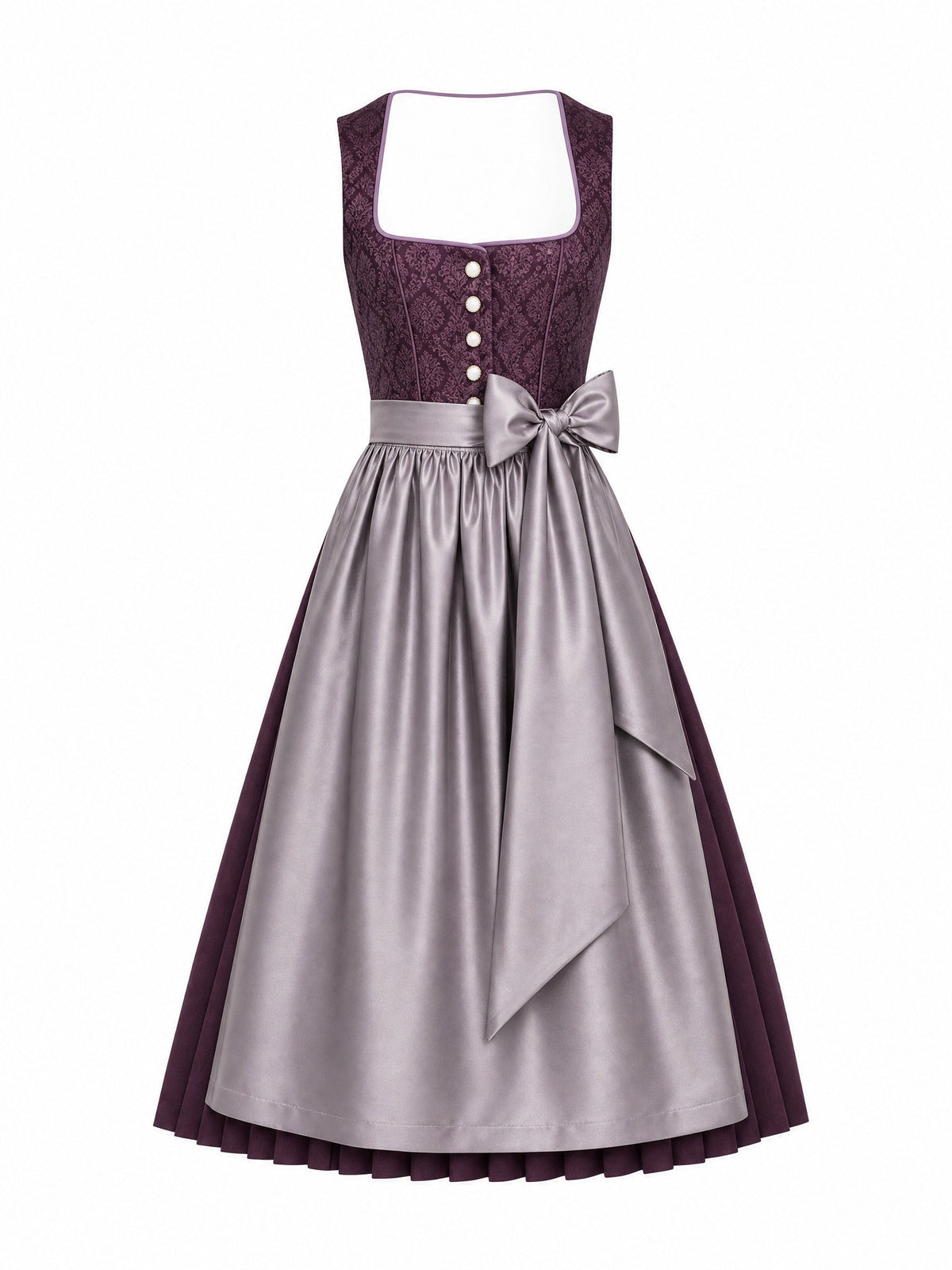 Dirndl Leni in Aubergine mit Perlgrau Schürze - Vorderansicht