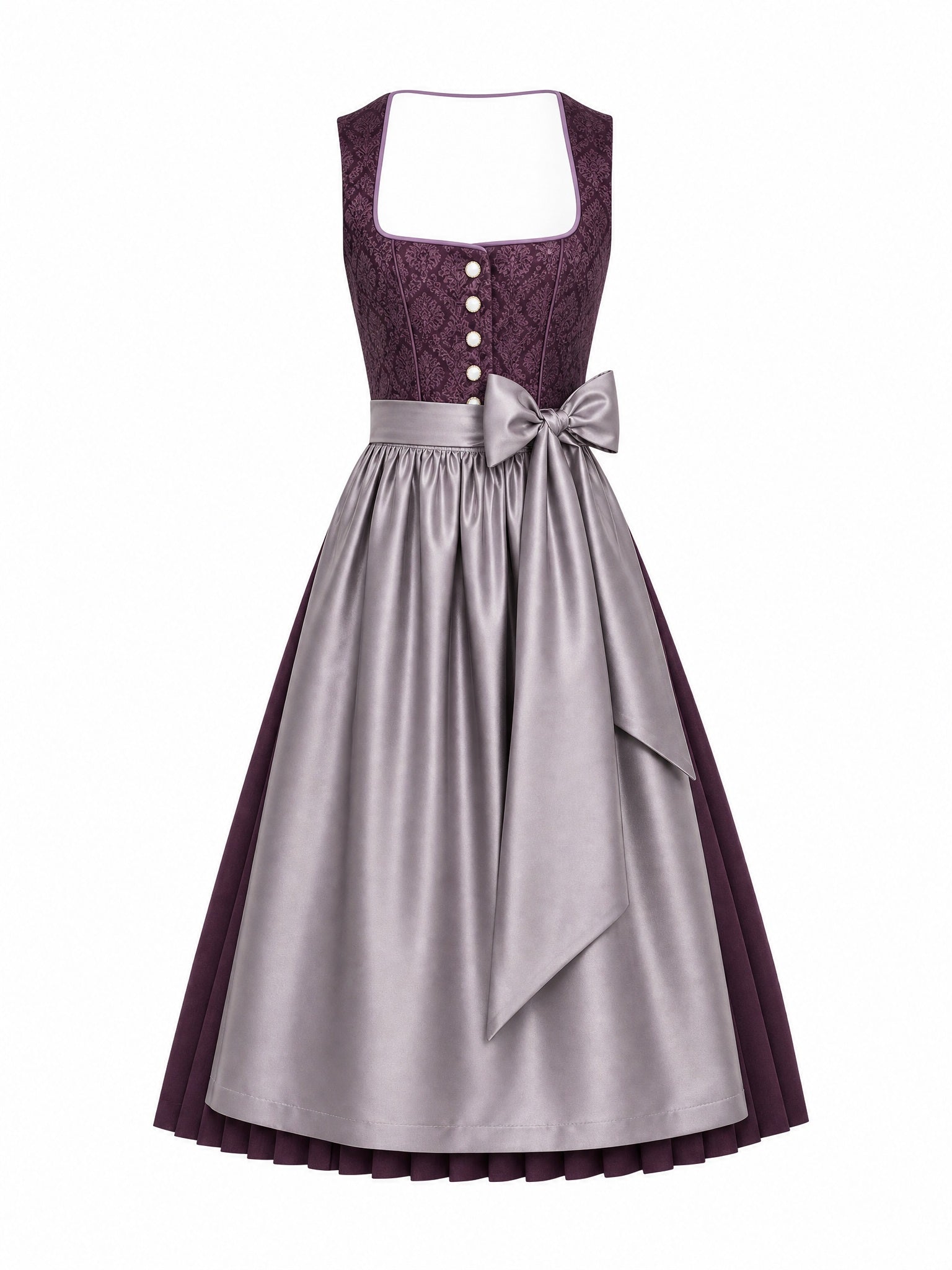 Dirndl Leni in Aubergine mit Perlgrau Schürze - Vorderansicht