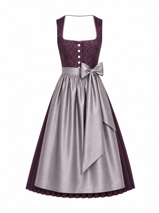 Dirndl Leni in Aubergine mit Perlgrau Schürze - Vorderansicht