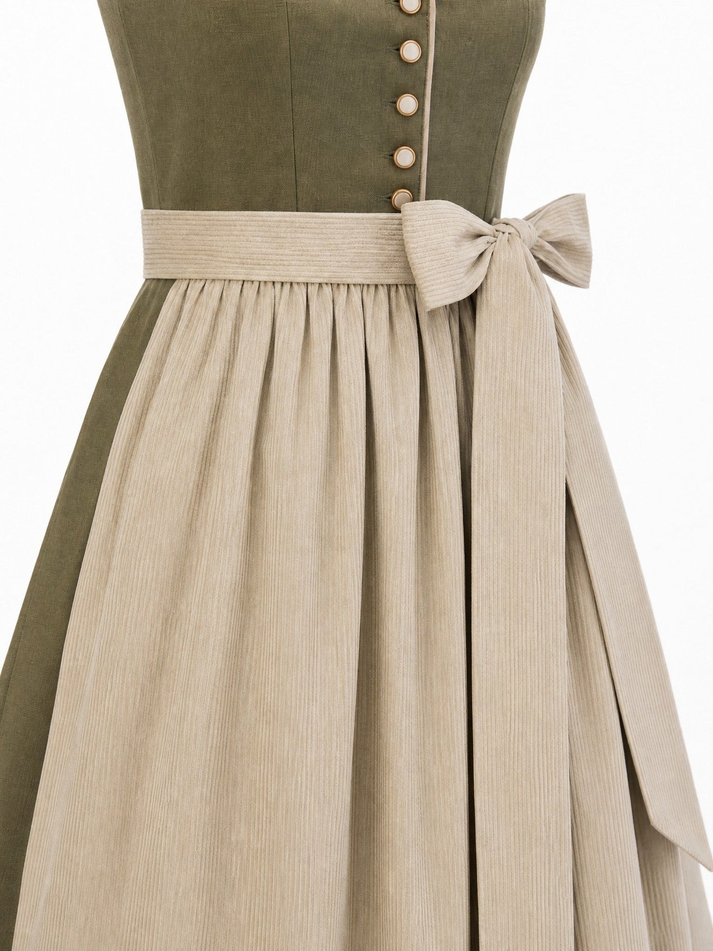 Dirndl Lina in Dunkeloliv mit Flachs Schürze - Detailansicht Taille und Schleife