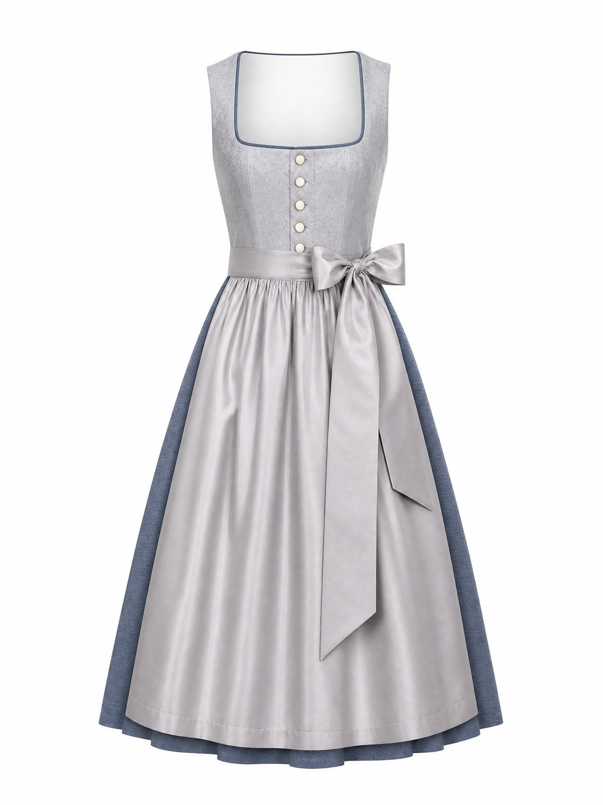 Dirndl Pia in Silberblau mit Perlgrau Schürze - Vorderansicht