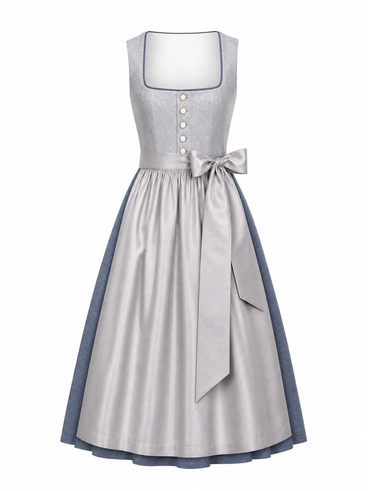 Dirndl Pia in Silberblau mit Perlgrau Schürze - Vorderansicht