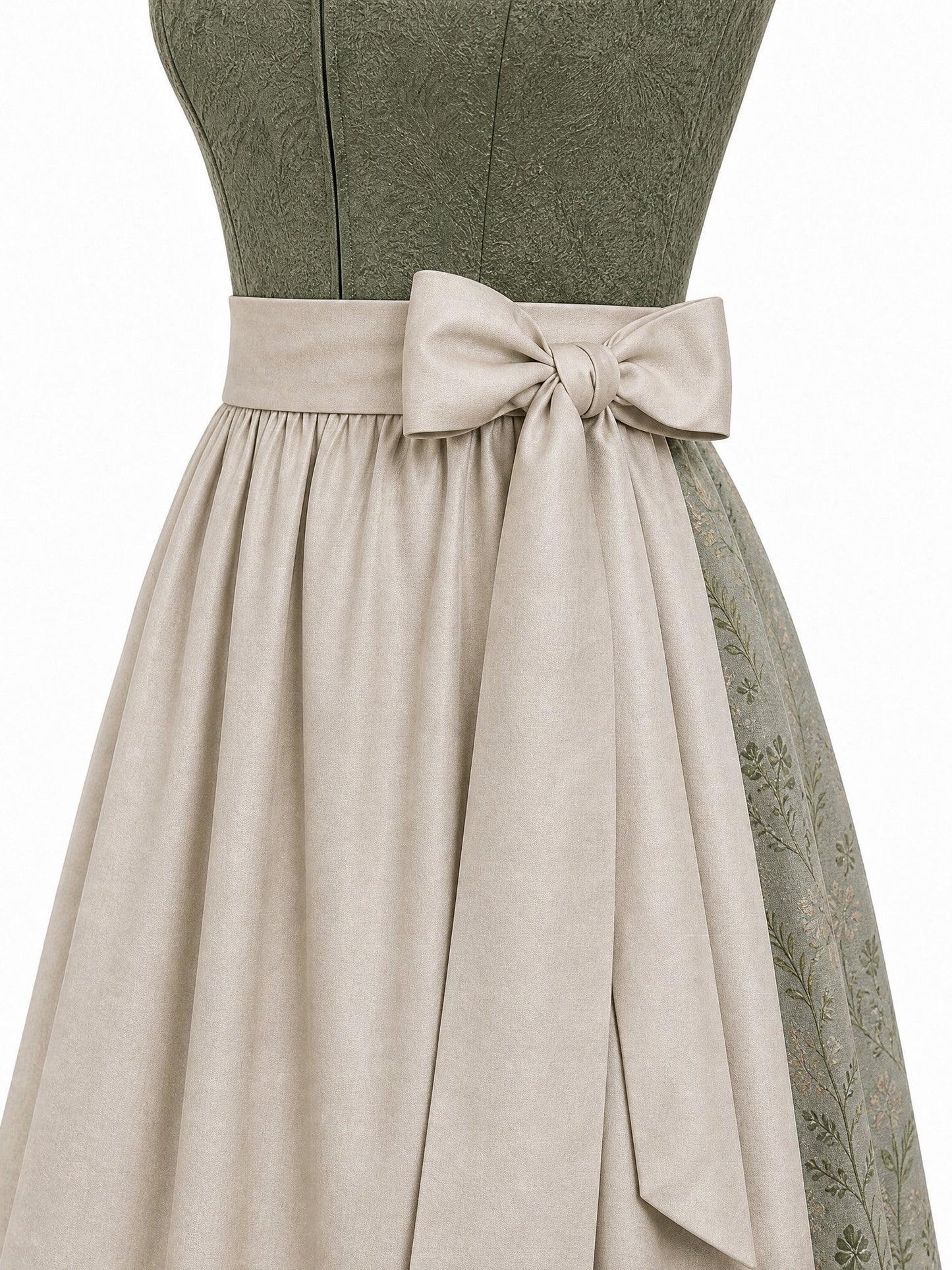 Dirndl Victoria in Moosgrün mit Warmer Sand Schürze - Detailansicht Taille und Schleife