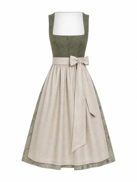Dirndl Victoria in Moosgrün mit Warmer Sand Schürze - Vorderansicht