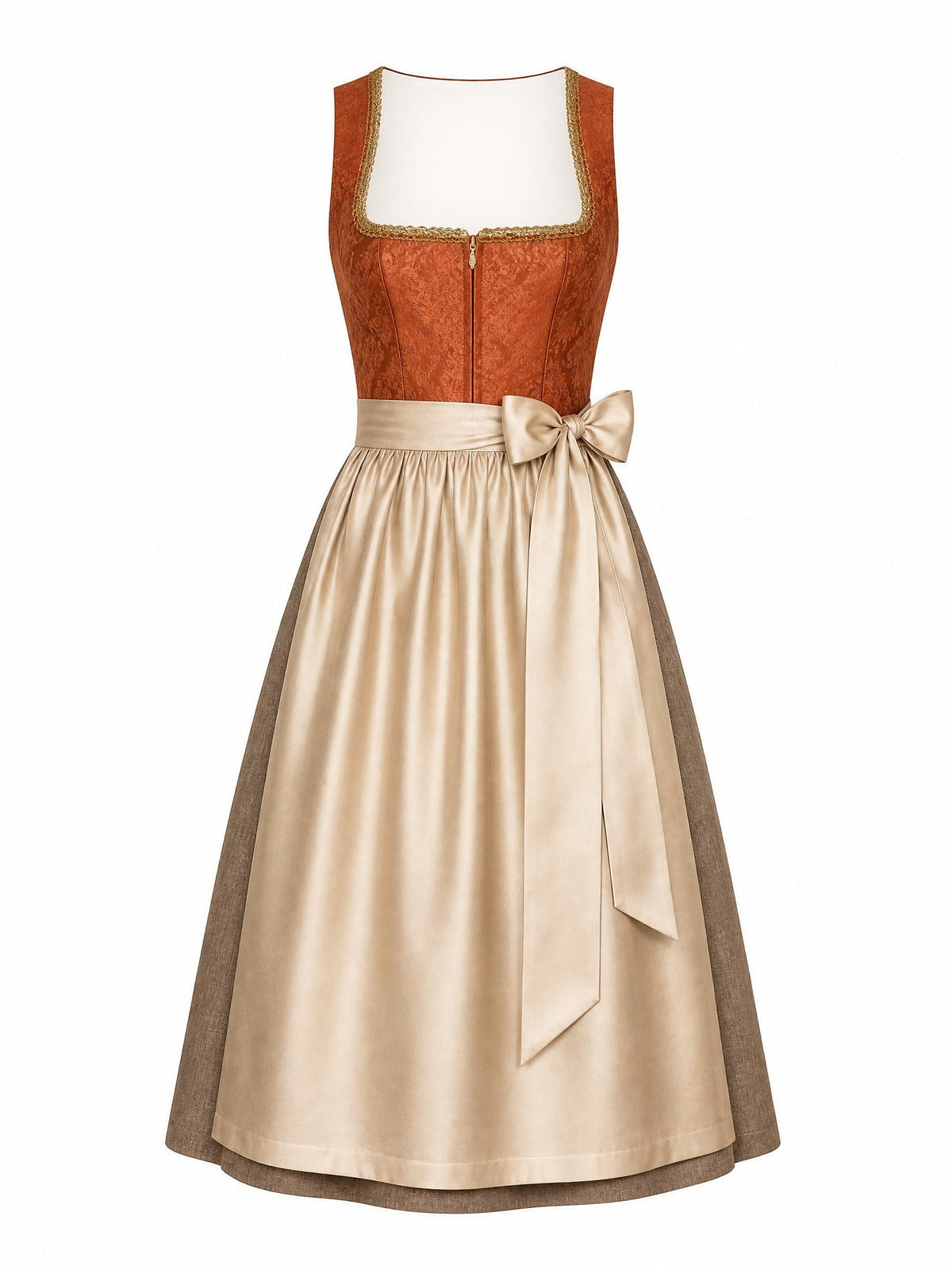 Dirndl Bea in Sienabraun mit Champagner Schürze - Vorderansicht